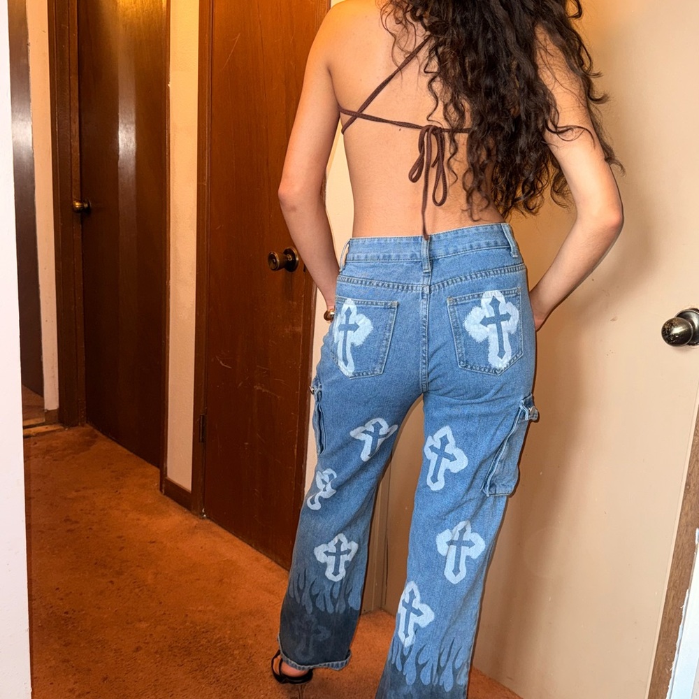 Blue Jeans with White Cross Design - Picture 2 of 2